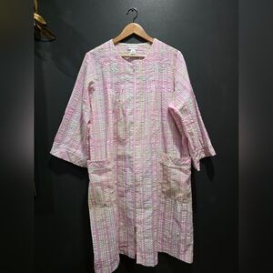 Miss Elaine Pink Patterned Seersucker Zip Up House Coat Cottagecore Vtg Sz L